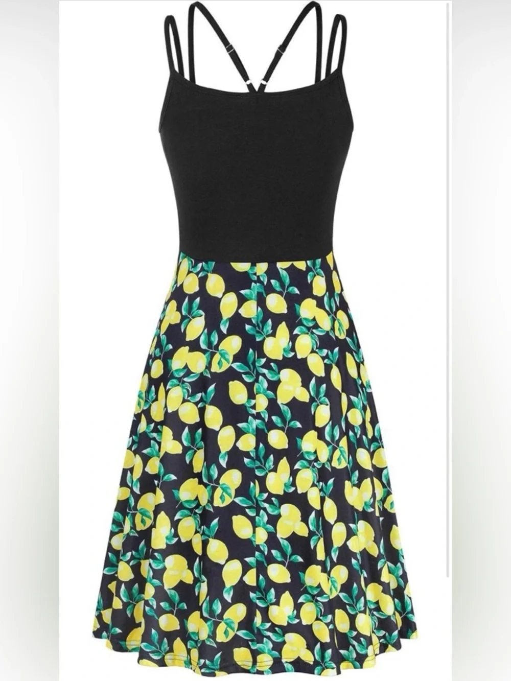 Black Lemon-Print Mini Dress with Strappy Back